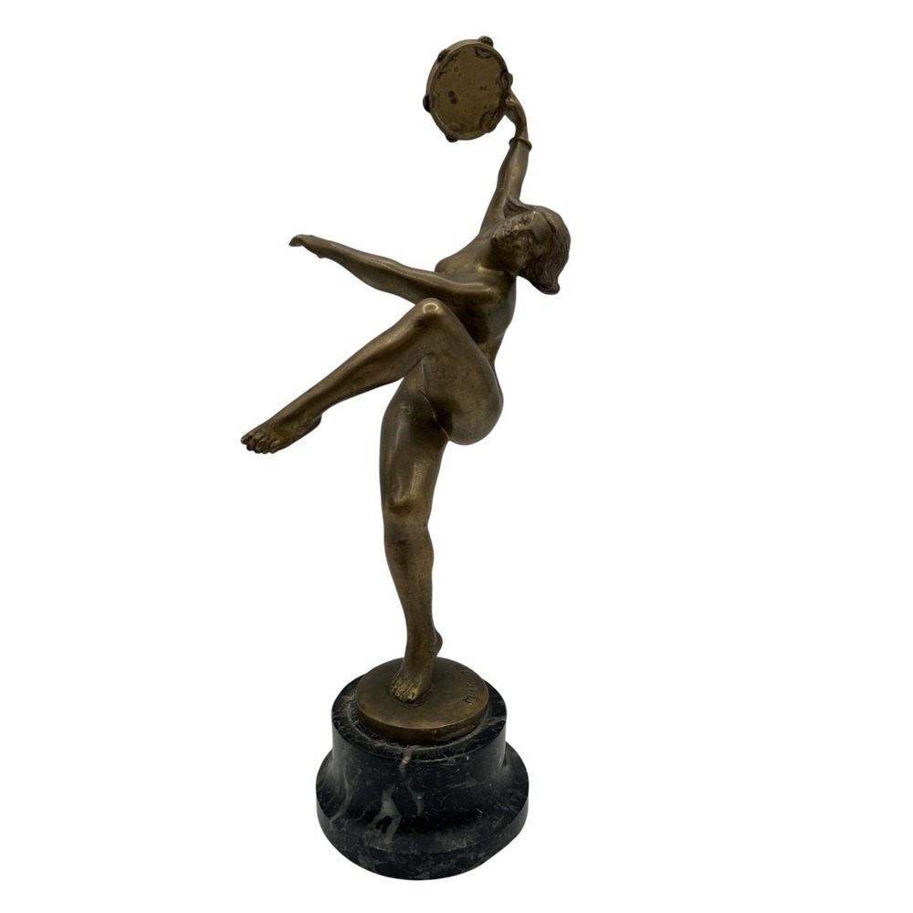 Antique Jean Pierre Morante Art Deco Nudist Tambourine Girl  Sculpture